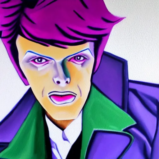 Prompt: an oil painting of blond David Bowie in purple jacket and light green shirt in style of Kira Yoshikage from JOJO.