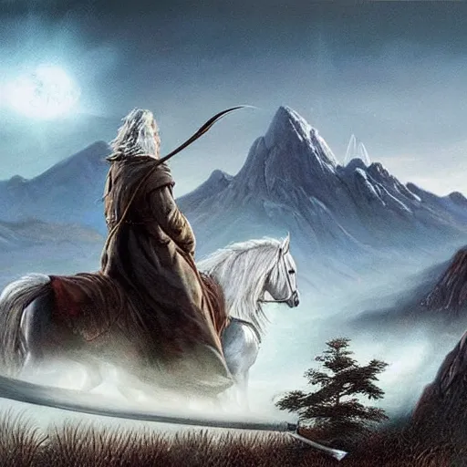 Image similar to Gandalf the grey om his horse protecting the city from an imminent meteor strike with his staff mountains in the distance, wide angle shot, hyper realistic painting, middle earth vibes