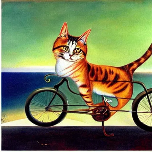 Prompt: a cat riding a bicycle, painting by salvador dali