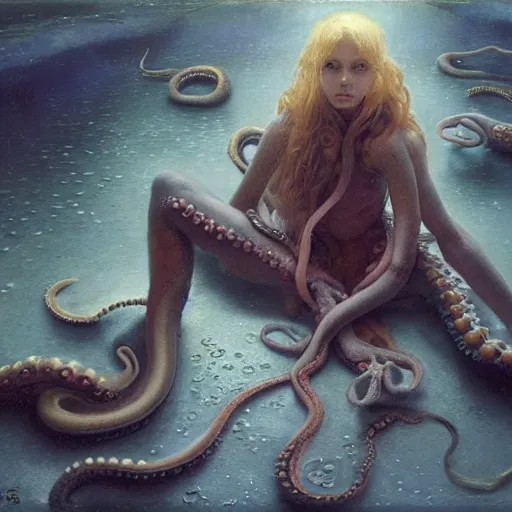 Image similar to a sad humanoid octopus girl with tentacles instead of limbs sitting on the floor, oil painting by Edgar Maxence and Ross Tran and Michael Whelan and greg rutkowski