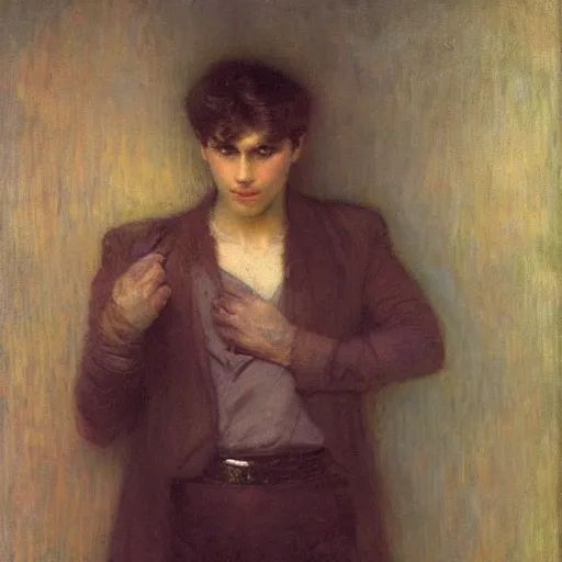 Image similar to eloquent soulful portrait of a haunted young man against bright background, oil painting, gaston bussiere, mucha, gerome,