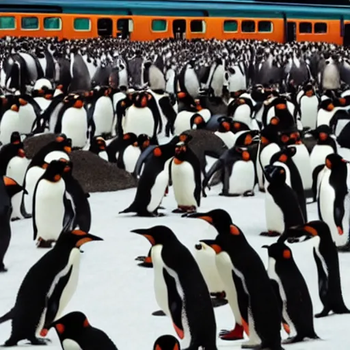 Prompt: commuter train full of penguins
