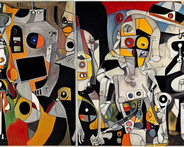 Prompt: a painting of guernica with robots from love death and robots by graham sutherland, egon schiele, gustav klimt, joan miro, basquiat, expressionism