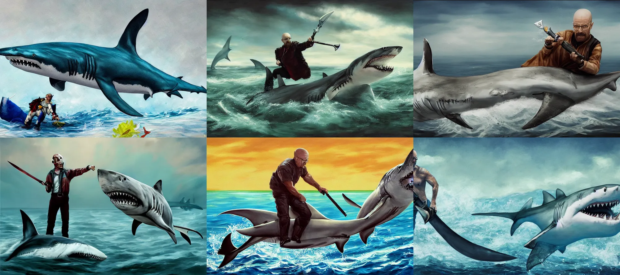 Prompt: walter white riding a majestic shark at aquatic pride parade wielding a sword, painting by daemorph art, trending on artstation, 4 k, sharp focus, unimaginable, surreal