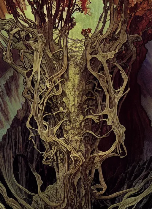 Image similar to close up portrait of a monster tree in the scary mountains of hell, oil painting by tomasz jedruszek and alphonse mucha, cinematic lighting, pen and ink, intricate line, hd, 4 k, million of likes, trending on artstation