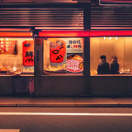 Prompt: a street ramen shop in japan, at night, cinematic dramatic lighting, light comes from billboards, moody atmosphere, very aesthetic, in the style of edward hopper, 4 k,