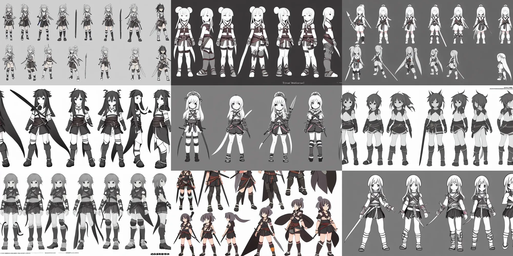 Prompt: a warrior little girl adventurer character anime model sheet; in the mystical fantasy anime; character design concepts; trending on artstation, popular on pinterest, highly detailed, clean lines, clear shapes