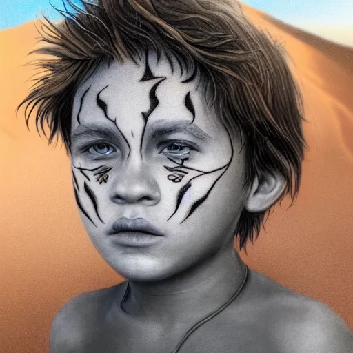 Image similar to a detailed portrait of a boy with a face tattoo in the desert, fantasy art illustration, incredibly highly detailed and realistic, 8 k, sharp focus