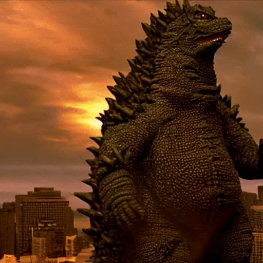 Prompt: godzilla is tiny, still from a movie by wes anderson, cinematic, hyperreal, eerie, wide angle, insanely detailed, god rays, 3 5 mm