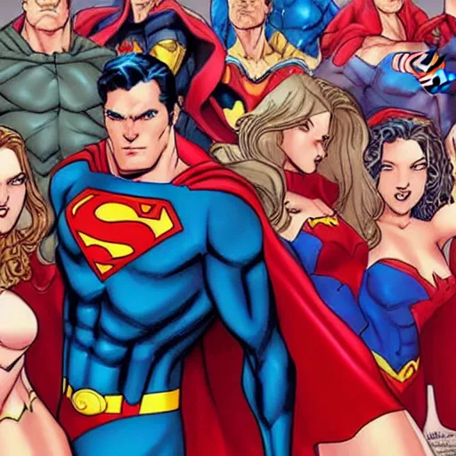 Prompt: superman surrounded by his superheroine harem, drawn by artgerm