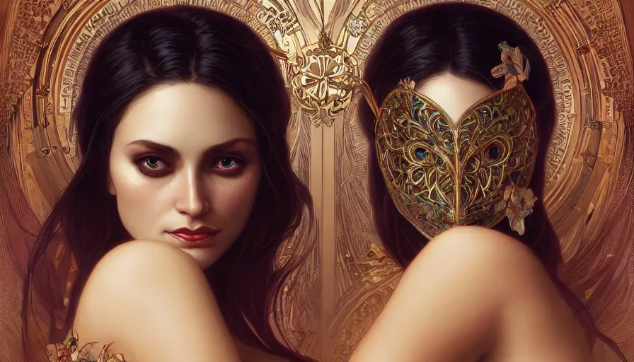 Prompt: masked, perfectly-centered-Portrait of the most beautiful woman on the planet , evil, intricate, highly detailed, digital painting, artstation, concept art, smooth, sharp focus, illustration, Unreal Engine 5, 8K, art by artgerm and greg rutkowski and alphonse mucha