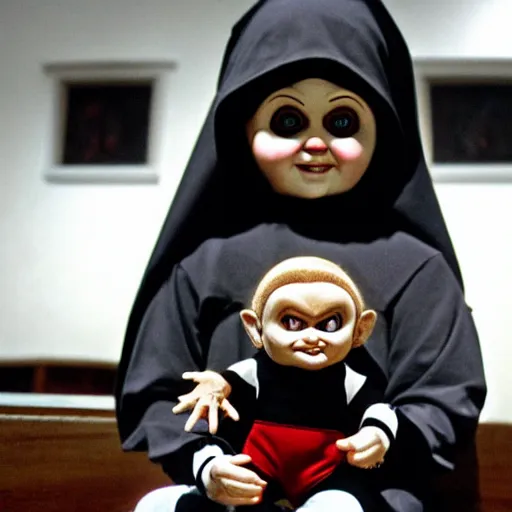 Image similar to a nun in church holding chucky the demonic evil killer doll on her lap