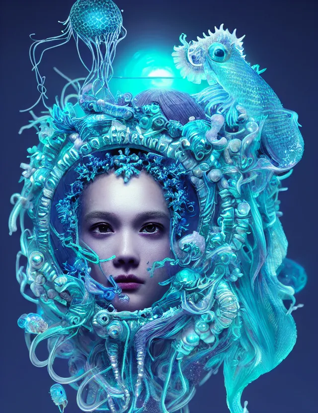 Image similar to goddess macro close - up portrait in crown made of ram skull. betta fish, jellyfish phoenix, bioluminiscent, plasma, ice, water, wind, creature, super intricate ornaments artwork by tooth wu and wlop and beeple and greg rutkowski