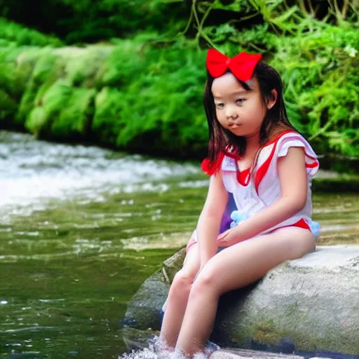 Prompt: 7 years old rina playing with the water, wearing white cloths, and a red bow in her hair, sitting by the side of a creek, in the painting style of anime, 8 k, detailed, tele photo lens, rule of thirds