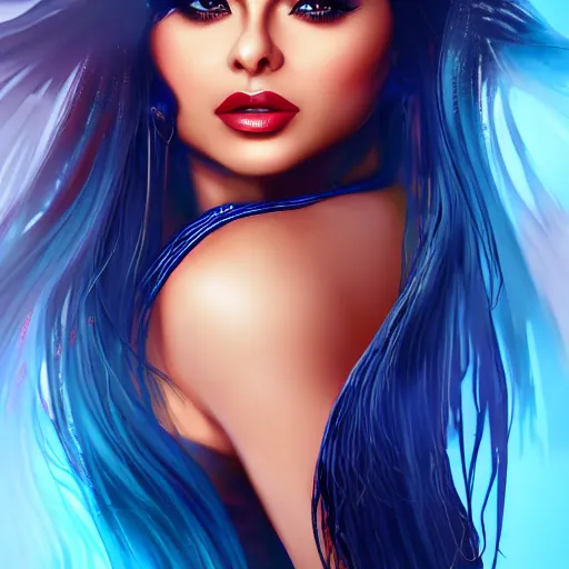 Prompt: portait of haifa wehbe, concept art, perfect lips, long hair centred, hd, very detailed curve, digital painting, unreal engine, amazing blue background theme