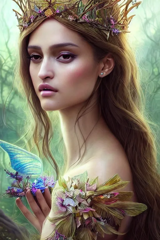 Image similar to hyper - realistic, gorgeous!!! woman resembling alicia vikander & eiza gonzalez as a fairy princess in the woods, elegant, cute, divine aura, nature goddess, dungeons and dragons, intricate, highly detailed, artstation, digital painting, character design, concept art, illustration, sharp focus, art by artgerm & jeehyung lee & wlop