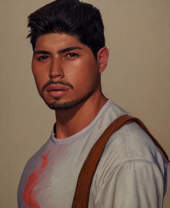 Image similar to heroic portrait of a handsome young mexican buddy, art by denys tsiperko and bogdan rezunenko, hyperrealism