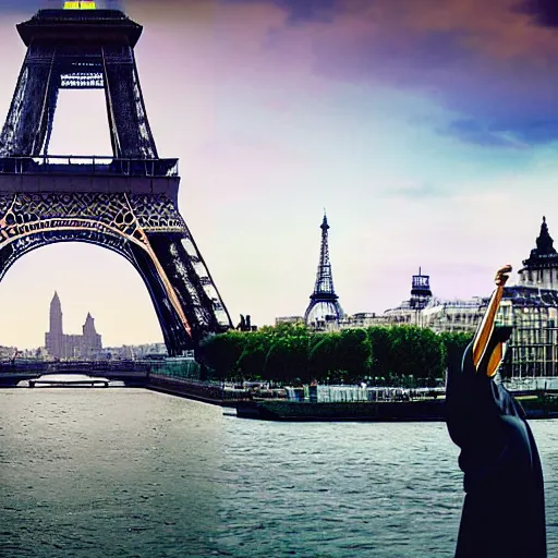 Prompt: Eiffel tower left, and Statue of Liberty right, and London Big Ben at background, highly detailed, 8k, devastatingly beautiful atmosphere, elegant cinematic fantasy art, overwhelming depth and detail, magic, vibrant colors, intricate masterpiece