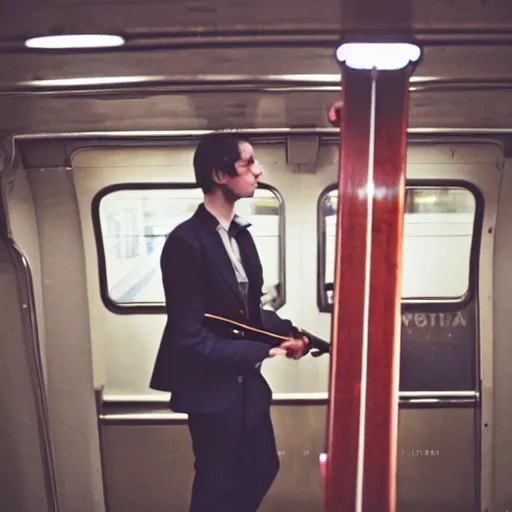 Image similar to photo, violin player, london underground, 5 0 mm f / 1. 4, cinestill 8 0 0,