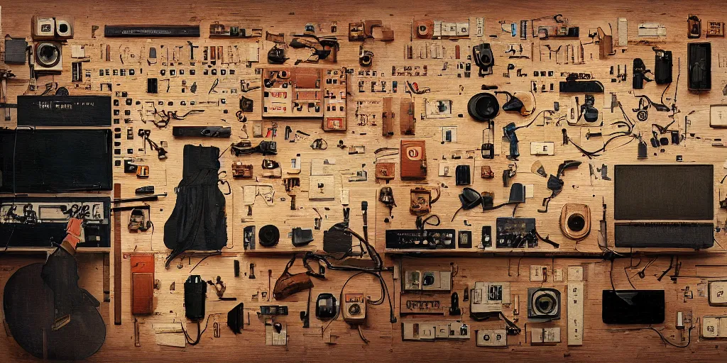 Image similar to Oil on canvas, knolling equipment for music production. In the style of The Grand Budapest Hotel (2014)