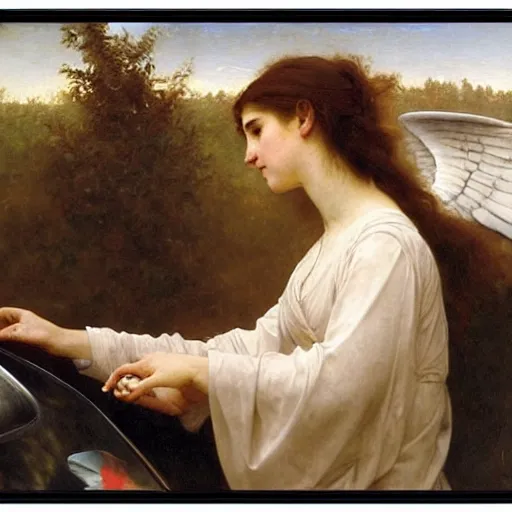 Image similar to an oil painting of an angel driving a car ordering in a drive through, interior view, by Bouguereau, highly realistic and intricate