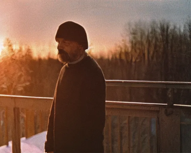 Image similar to award - winning lomographic tarkovsky film still of 4 0 years russian man with beard and sweater standing on small hrushevka 9 th floor balcony in taiga looking at sunset, cinestill, bokeh