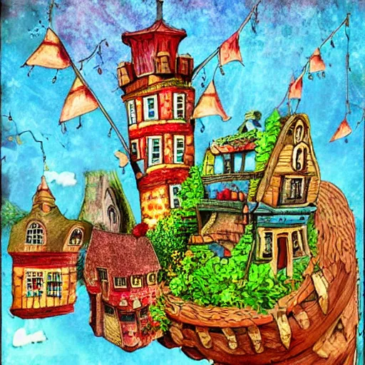 Image similar to a fantasy town, mixed media, whimsical,