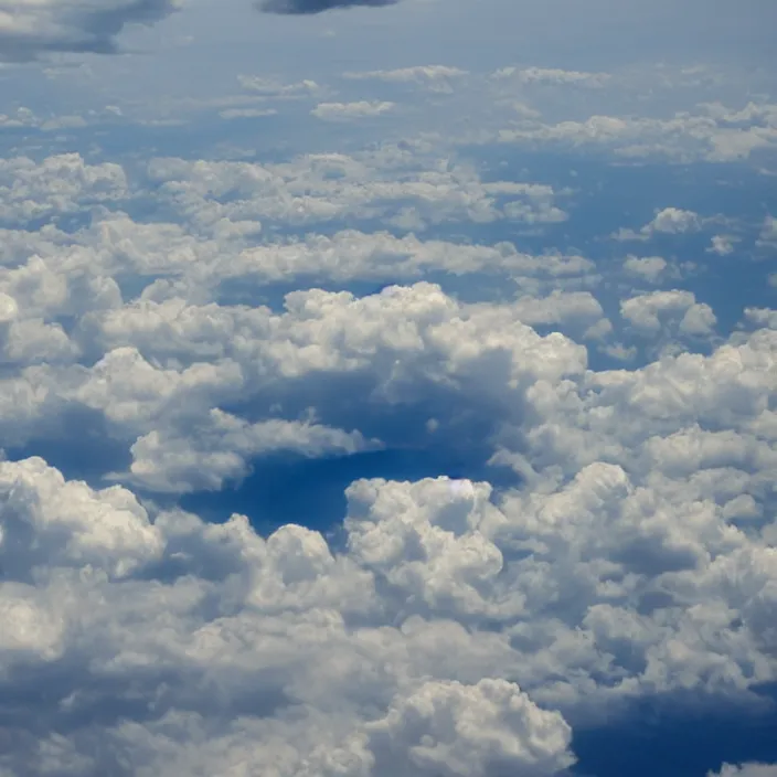 Image similar to Endless clouds towering high, seen from a plane, no ground visible, very detailed, 8k resolution, pale yellow hue