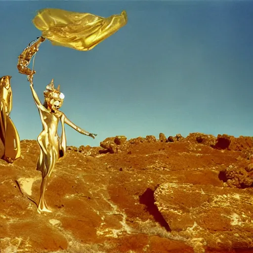 Image similar to salvador dali wearing a golden costume with jewels and golden crown, in a dry rocky desert landscape, visible sky and sunny atmosphere, fata morgana film still from the movie by alejandro jodorowsky with cinematogrophy of christopher doyle and art direction by hans giger, anamorphic lens, kodakchrome, very detailed photo, 8 k