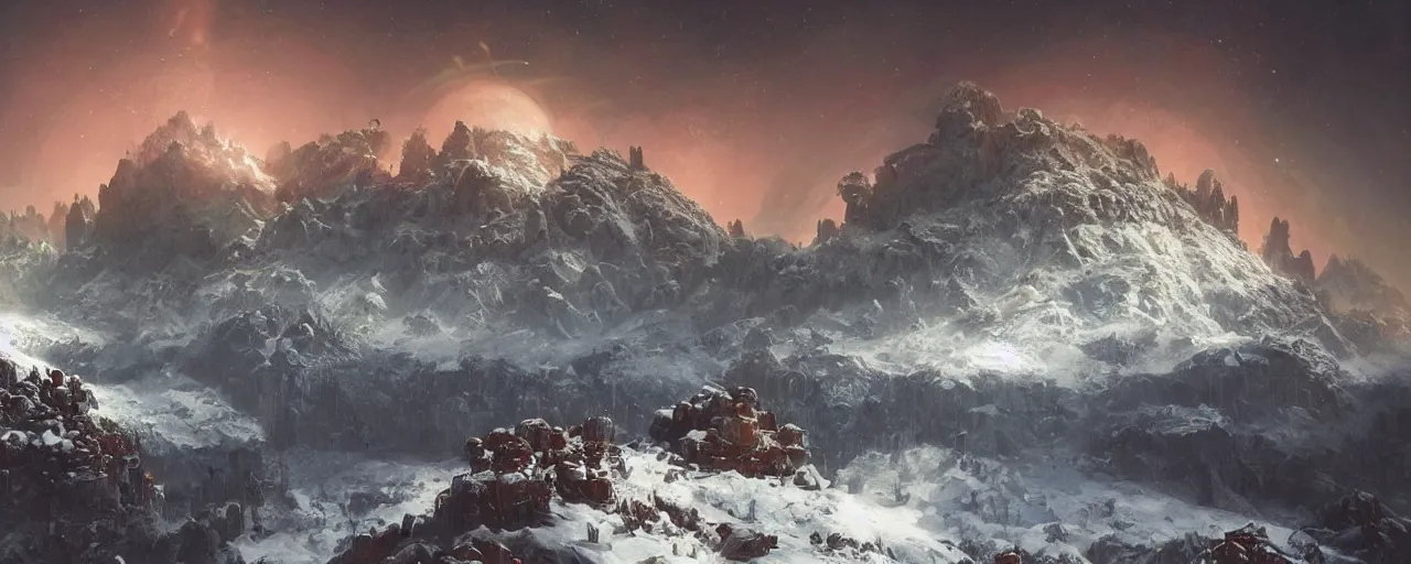 Image similar to ” outer planet with a rugged extremely high snow topped mountain range, [ art by paul lehr, cinematic, detailed, epic, widescreen, opening, establishing, mattepainting, photorealistic, realistic textures, octane render ] ”