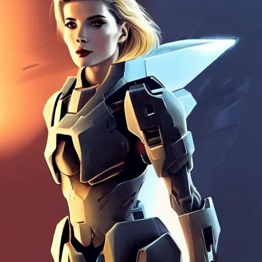 Image similar to A combination of Ashley Greene's and Ada Wong's and Grace Kelly's appearances with blonde hair wearing Forerunner armor from Halo, high tech, action shot, angular, full body portrait, futuristic, dramatic, fantasy, intricate, elegant, highly detailed, artstation, matte, sharp focus, 8K, art by Artgerm and Greg Rutkowski and Alphonse Mucha