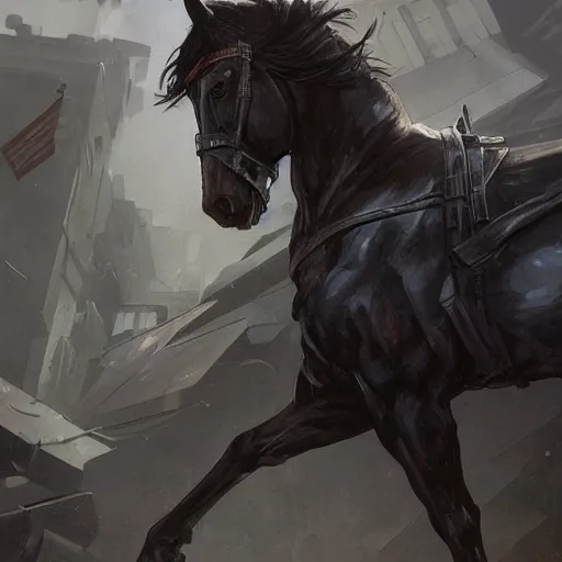 Image similar to splash art of a super buff black - coated anthropomorphic horse character wearing tactical kevlar fabric standing in rubble, long hair, exaggerated muscles, highly detailed, furry, furaffinity, digital painting, artstation, sharp focus, illustration, art by artgerm, greg rutkowski, alphonse mucha
