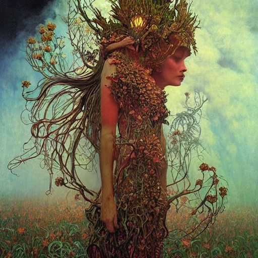 Image similar to forest spirit queen of jupiter by zdzisław beksinski, iris van herpen, raymond swanland, craig mullins and alphonse mucha. highly detailed, hyper - real, beautiful