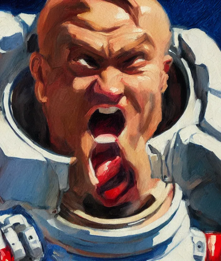 Image similar to a close up portrait painting of a man in an astronaut suit, screaming and sad, highly detailed, close up, aesthetic stars in the background, in the style of edward hopper, fine brush strokes, 4 k,