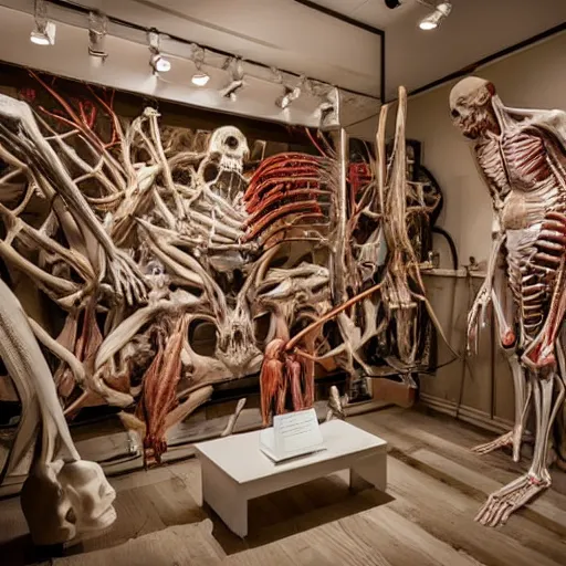 Prompt: inside a museum, a room where anatomical body parts are piece of arts by Rob Bottin, very detailed, ultra realistic photography