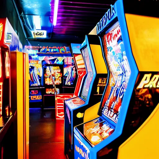 Image similar to A busy arcade, 80's, by Ready Player One, by Back To The Future, XF IQ4, 150MP, 50mm, F1.4, ISO 200, 1/160s, natural light