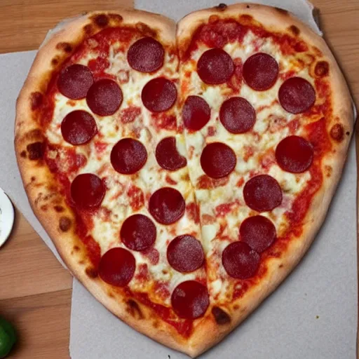 Image similar to heart shaped magerhita pizza with alot of cheese, 4 - 5 cherry tomata served on a wooden plate