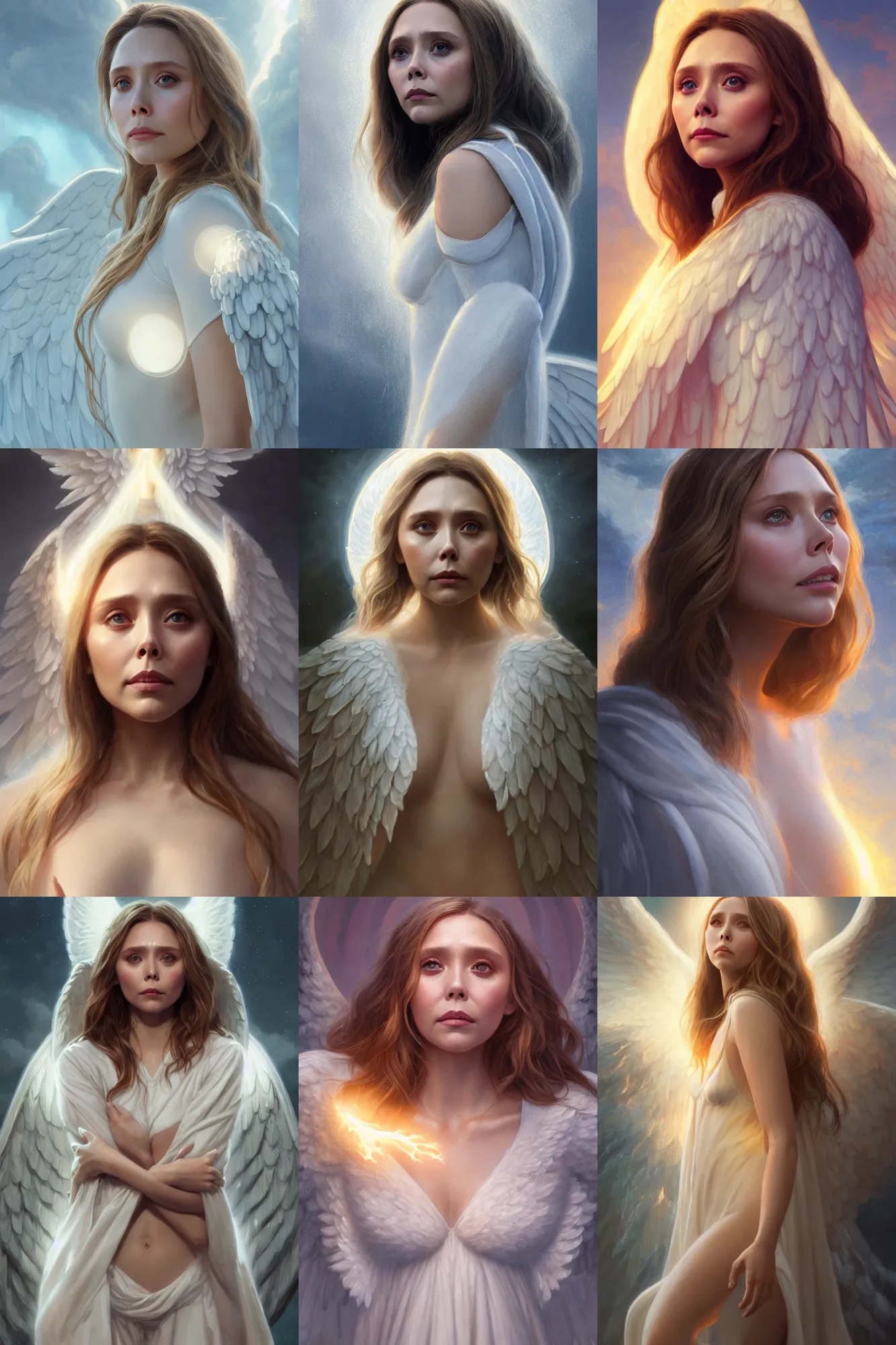 Prompt: elizabeth olsen as a heavenly angel, anatomy, bathing in light, highly detailed, photorealistic, artstation, smooth, sharp focus, illustration, unreal engine 5, 8 k, art by art by artgerm and greg rutkowski and edgar maxence