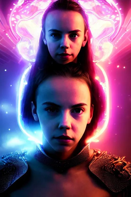 Image similar to a photographic portrait of an attractive young girl, partially clothed in ethereal battle armor, surrounded by colorful transparent plasma, emitting psychic powers, beautiful bone structure, perfectly symmetrical face, perfect eyes, intricate, elegant, ultra-detailed, digital painting, concept art, illustration, sharp focus, minimal artifacts, volumetric lighting, from Valerian and the City of a Thousand Planets, in the style of Artgerm and Loish, fantasy scene, fantasy aesthetic, trending on Artstation and Tumblr, award winning