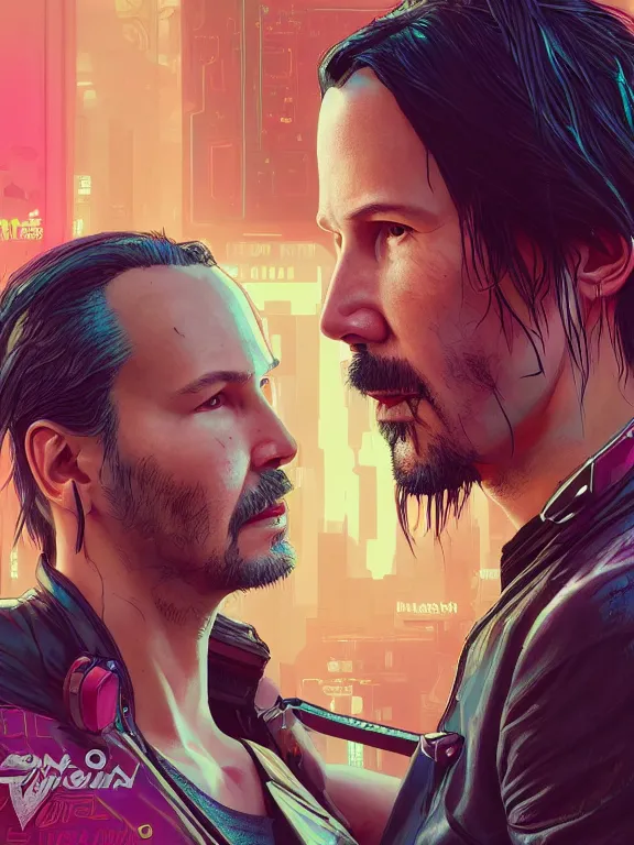 Image similar to a cyberpunk 2077 couple portrait of Keanu Reeves and V ,love story ,film lighting,by laurie greasley,Lawrence Alma-Tadema,William Morris,Dan Mumford,trending on atrstation,full of color,Digital painting,face enhance,highly detailed,8K, octane,golden ratio,cinematic lighting