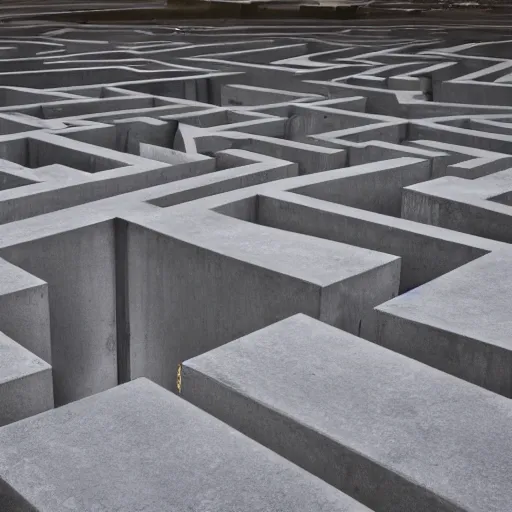 Prompt: abstract maze-like tunnel, photograph, polished concrete blocks placed around on top of the ground going from near to far