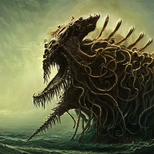 Prompt: sea beast of the depths in the style of michael whelan and h. p. lovecraft. hyperdetailed photorealism by greg rutkowski