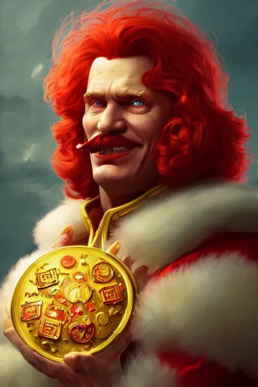 Image similar to vladimir putin as ronald mcdonald, closeup, d & d, fantasy, intricate, elegant, highly detailed, digital painting, artstation, concept art, matte, sharp focus, illustration, hearthstone, art by artgerm and greg rutkowski and alphonse mucha