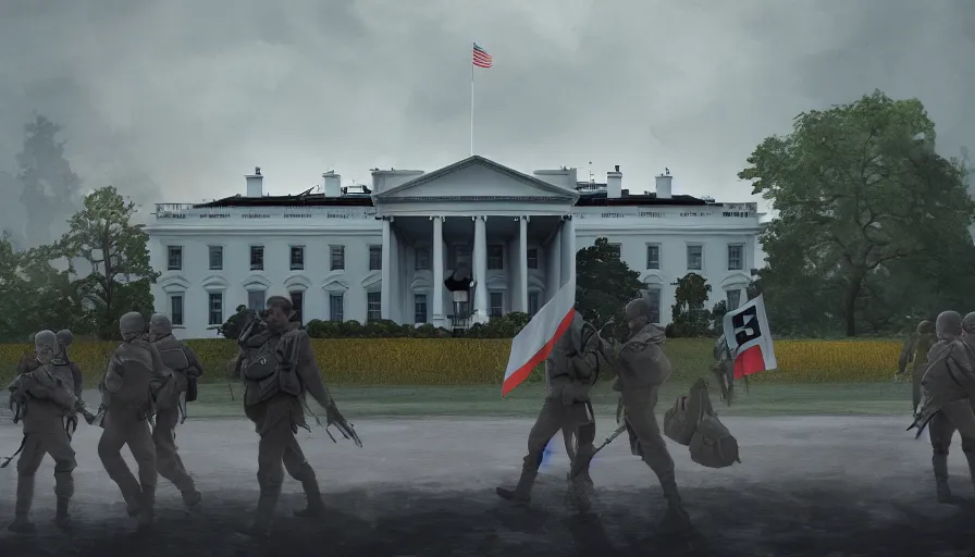 Prompt: white house with nazi flags and german soldiers walking around, hyperdetailed, artstation, cgsociety, 8 k