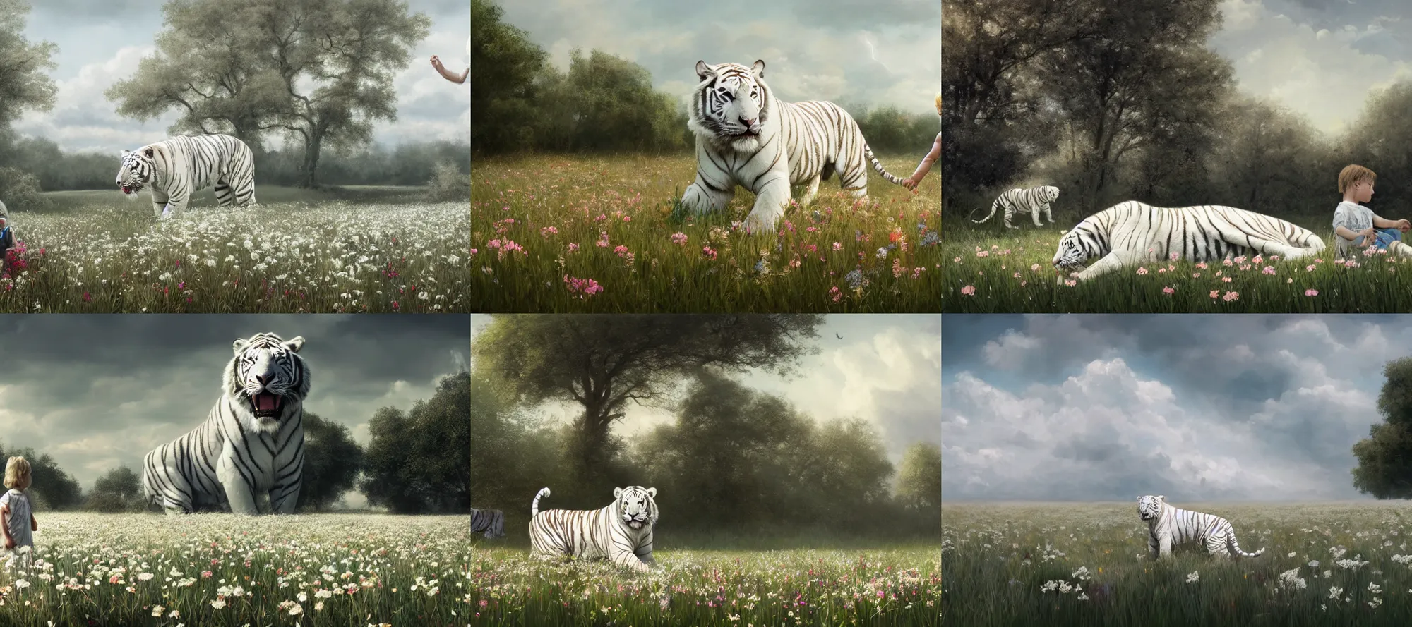 Prompt: a large colossal gigantic huge big albino white tiger sits beside a boy in a field of flowers by Greg Rutkowski, visible brush strokes , jason chan, Maxim Verehin, Peter Konig, photorealistic 8k, cinematic lighting, HD, high detail, atmospheric, trending on artstation