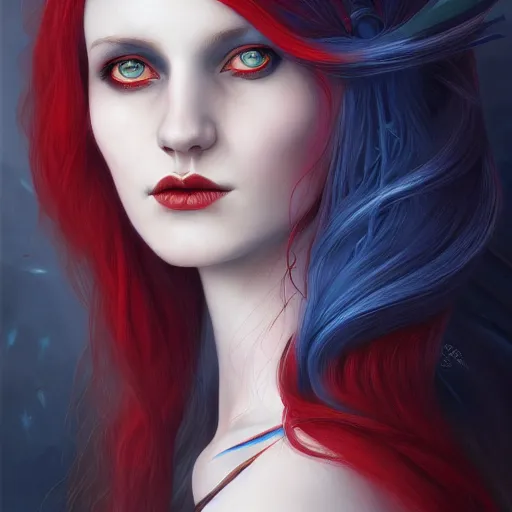 Image similar to A detailed matte oil on canvas head on symmetrical portrait of a distinguished elven woman with red and blue hair on an empty background, by Charlie bowater, Lise Deharme, Wlop, trending on artstationhd, dungeons and dragons art, parted hair , half blue, half red , split dye, critical role