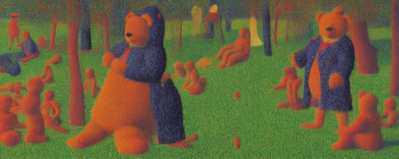 Image similar to teddy bear shakespeare in the park, from the terrifying and incomprehensible beyond, body horror, by david hockney, seurat