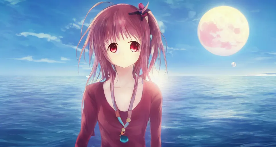 Image similar to one anime girl standing on a pier with the ocean as background at twilight, her blue shiny detailed eyes are looking at the camera, cute, big moon above the water, colorful, magical, detailed face, small nose and mouth, normal big anime eyes, 8k, based on Puella Magi Madoka Magica