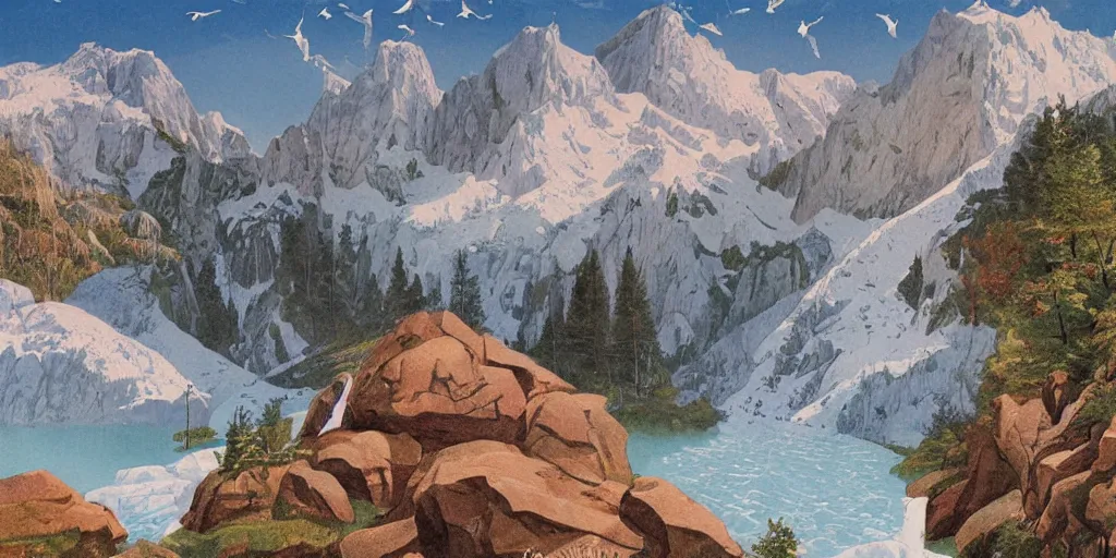 Prompt: beautiful idyllic poster illustration for a craggy ice valley national park by ludwig hohlwein, ludwig hohlwein, with close - up of grandma photorealistic eating crayons photoshopped into it