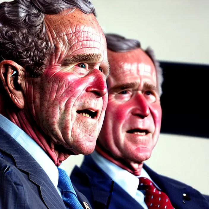 Prompt: hyper realistic, high detail photo of george bush, speech bubble saying nucular weapons of mass destruction, beautiful, dreary lighting